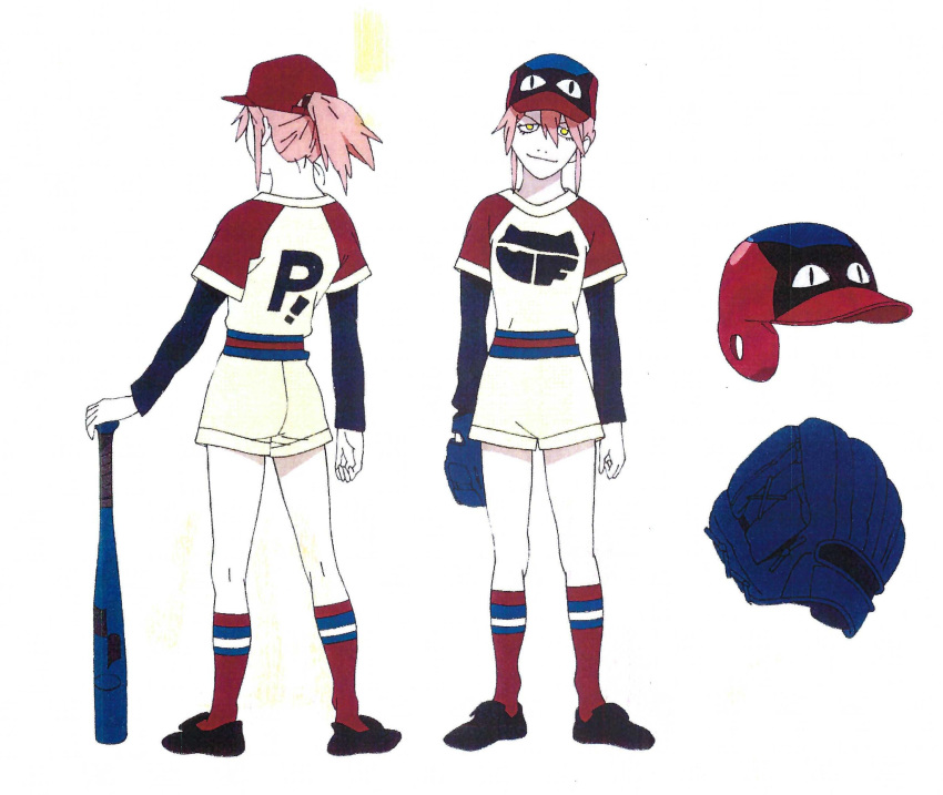1girl, baseball_bat, baseball_costume, baseball_helmet, baseball_jersey, baseball_mitt, baseball_uniform, character_sheet, flcl, gainax, helmet, highres, medium_hair, official_art, ogura_nobutoshi, pink_hair, production_art, production_ig, solo, sportswear, yellow_eyes