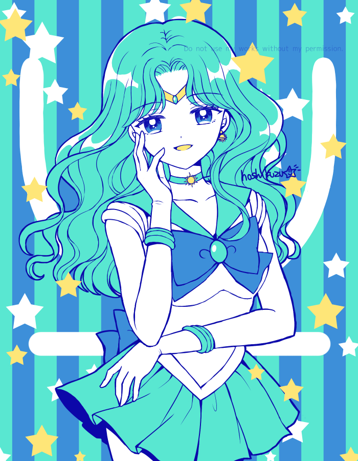 aqua_background, aqua_skirt, artist_name, back_bow, bishoujo_senshi_sailor_moon, blue_background, blue_bow, bow