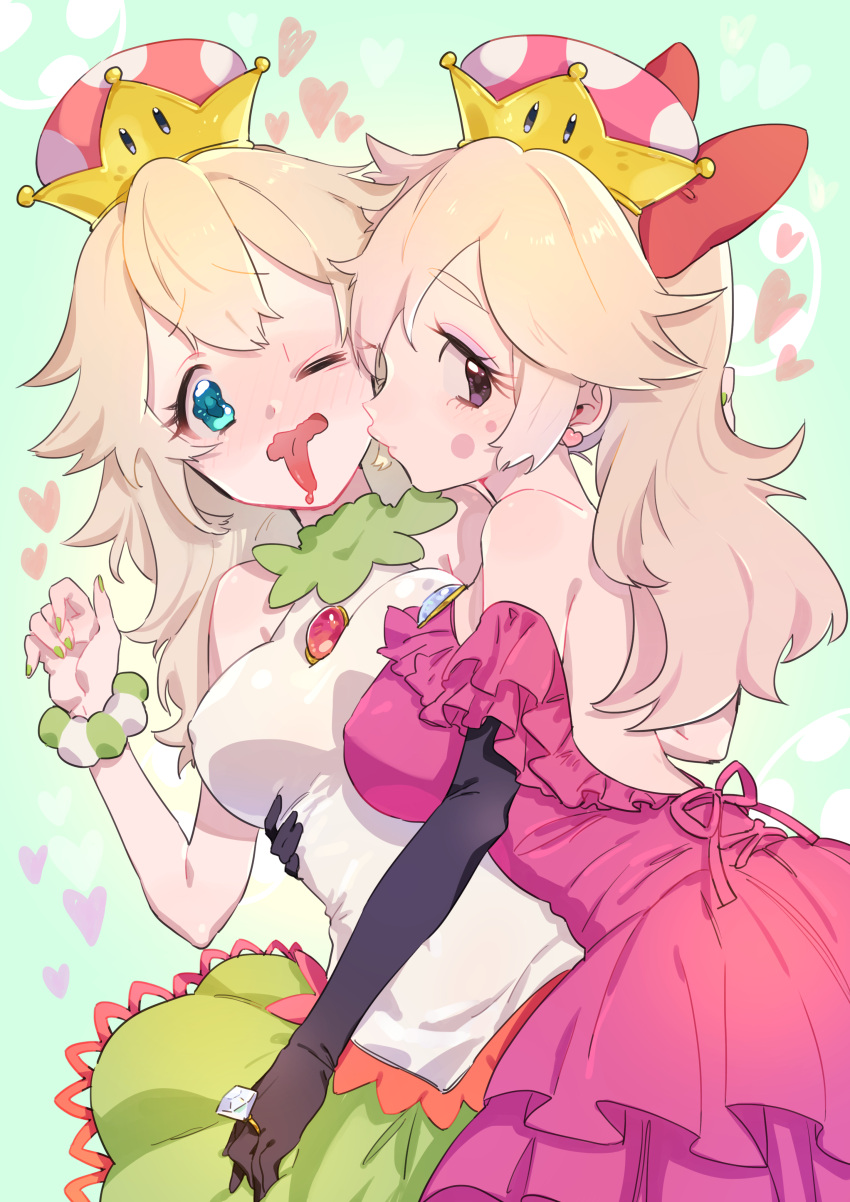 2girls, absurdres, asymmetrical_docking, backless_dress, backless_outfit, bare_shoulders, black_gloves, blonde_hair, blue_eyes, blush, bow, breast_press, breasts, brooch, claw_pose, commentary_request, couple, covered_nipples, crown, detached_collar, diamond_(gemstone), diamond_ring, dress, earrings, elbow_gloves, embarrassed, eyebrows_visible_through_hair, fingernails, flipped_hair, freckles, frilled_dress, frills, from_side, full-face_blush, gloves, green_background, green_dress, green_nails, green_skirt, hair_between_eyes, hair_bow, heart, heart_earrings, highres, impossible_clothes, impossible_dress, jewelry, lace-trimmed_skirt, lace_trim, large_bow, large_breasts, leaning_forward, leaning_on_person, long_hair, long_tongue, super_mario_bros., maromayu, multicolored, multicolored_clothes, multicolored_dress, multiple_girls, nail_polish, new_super_mario_bros._u_deluxe, off_shoulder, one_eye_closed, open_mouth, pink_dress, pink_eyeshadow, ponytail, princess_birdo, princess_yoshi, raised_eyebrows, red_bow, ring, scrunchie, shiny, shiny_clothes, sideways_glance, skirt, sleeveless, strapless, strapless_dress, super_crown, tongue, tongue_out, violet_eyes, wavy_eyes, wavy_mouth, white_dress, wrist_scrunchie, yuri