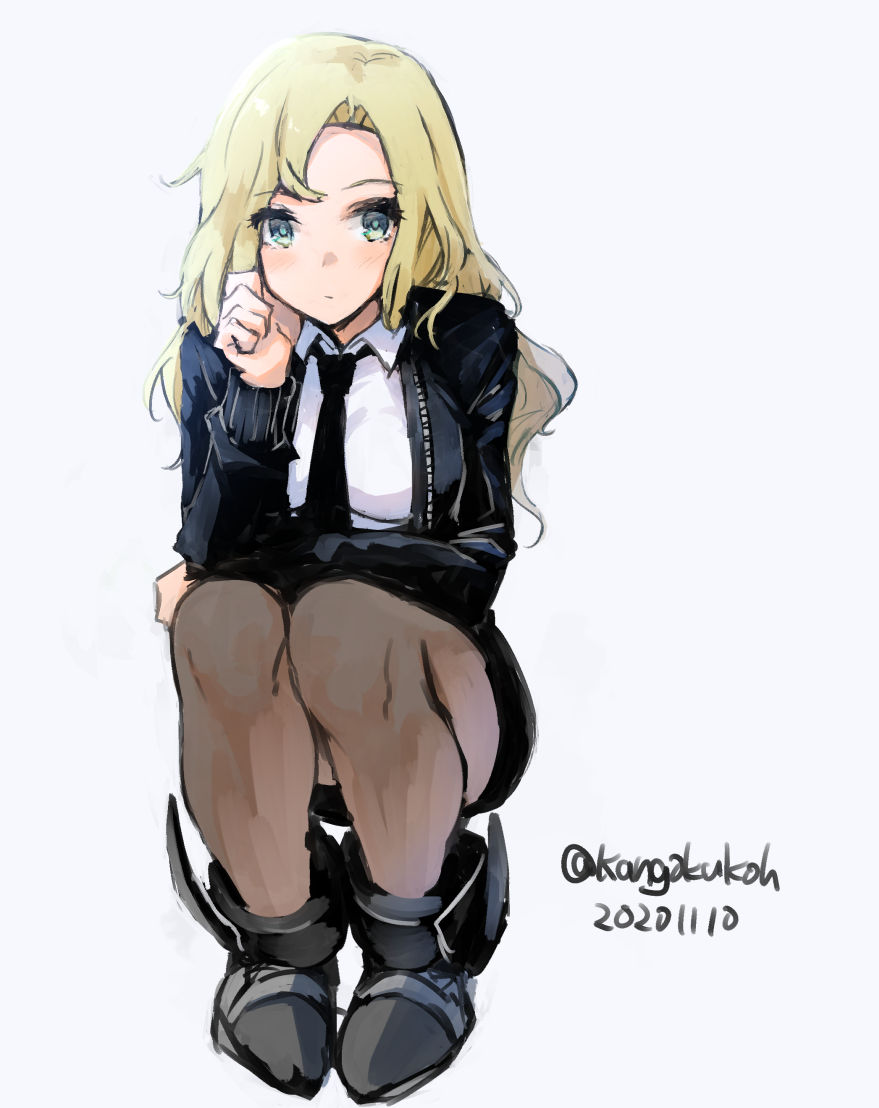 1girl, black_jacket, black_legwear, black_neckwear, black_skirt, blonde_hair, bomber_jacket, breasts