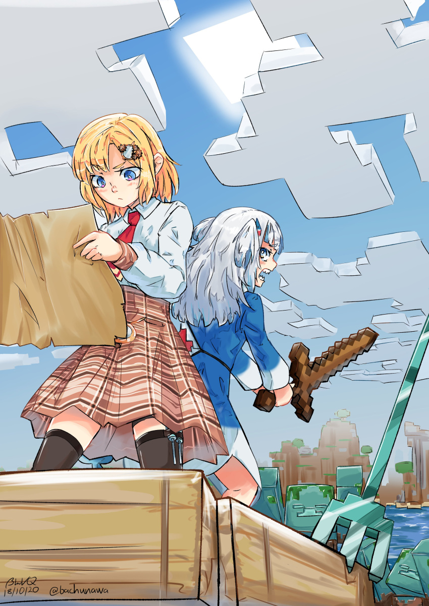 2girls, absurdres, artist_name, bachunawa, blonde_hair, blue_eyes, boat, crossover