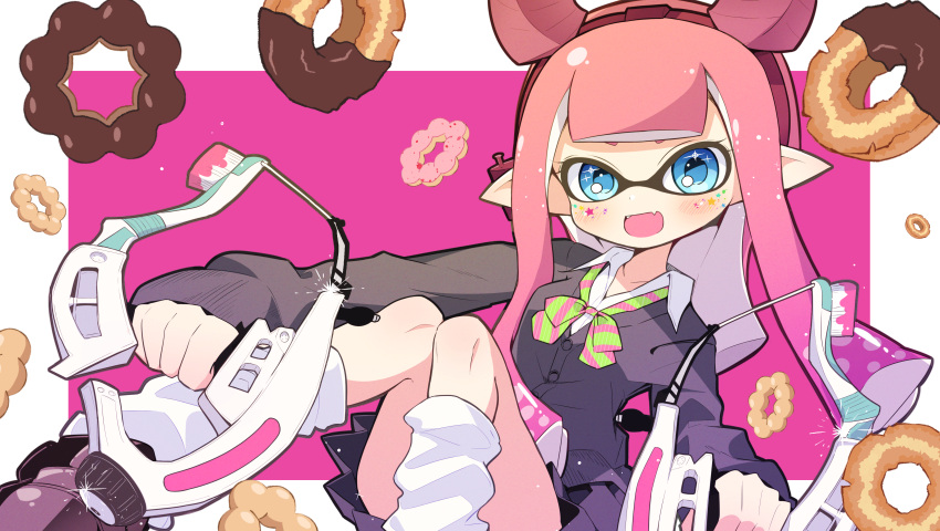 1girl, :d, absurdres, bangs, black_cardigan, black_footwear, black_skirt, blue_eyes, blunt_bangs, blunt_ends, bokkun_(doyagaobyo), bow, bowtie, cardigan, commentary, dapple_dualies_(splatoon), demon_horns, diagonal-striped_neckwear, diagonal_stripes, domino_mask, doughnut, dress_shirt, dual_wielding, facial_mark, fake_horns, fang, floating, food, foreshortening, green_neckwear, gyaru, highres, holding, holding_weapon, horns, inkling, loafers, long_hair, long_sleeves, looking_at_viewer, loose_socks, mask, miniskirt, open_mouth, outside_border, pink_background, pink_hair, pink_neckwear, pleated_skirt, pointy_ears, red_horns, school_uniform, shirt, shoes, skin_fang, skirt, smile, solo, sparkle, splatoon_(series), splatoon_2, striped, striped_neckwear, tentacle_hair, weapon, white_legwear, white_shirt