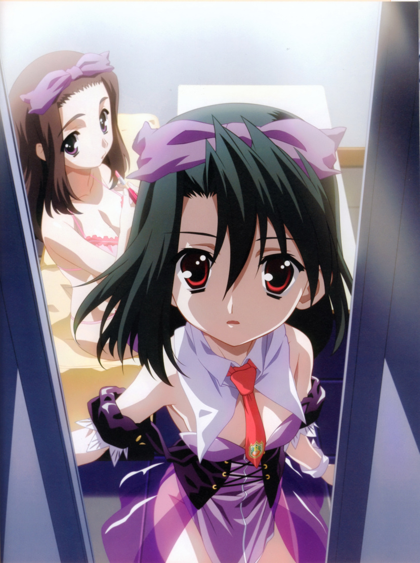 2girls, absurdres, black_hair, brown_hair, dark_green_hair, dressing, highres, kiyoura_setsuna