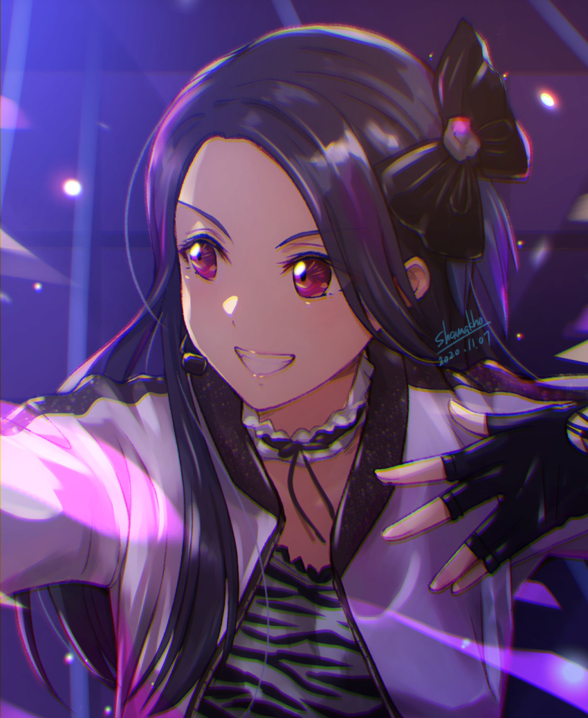 1girl, alternate_hairstyle, animal_print, artist_name, black_gloves, black_ribbon, choker, commentary