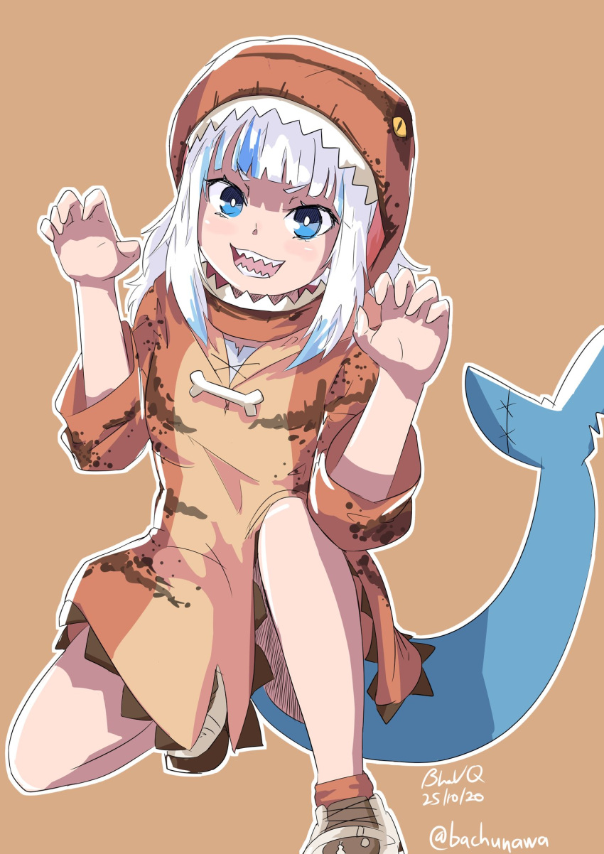 1girl, artist_name, bachunawa, beige_background, blue_eyes, claw_pose, dated, dinosaur_costume