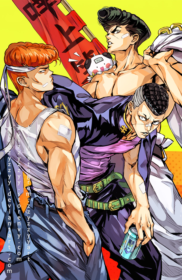 3boys, :d, bandaid, bandaid_on_face, bandaid_on_nose, banner, belt, biceps, black_hair, blue_jacket, blue_pants, blush_stickers, can, chest, closed_mouth, collarbone, crossover, deviantart_username, diamond_wa_kudakenai, gakuran, hand_in_pocket, holding, holding_can, holding_clothes, hunter_x_hunter, instagram_username, jacket, jacket_on_shoulders, jacket_removed, jojo_no_kimyou_na_bouken, knuckle_bine, kuwabara_kazuma, looking_at_viewer, looking_back, male_focus, manly, multicolored, multicolored_background, multiple_boys, multiple_crossover, muscle, nijimura_okuyasu, notice_lines, number, open_clothes, open_jacket, open_mouth, orange_background, pants, parted_lips, pectorals, pompadour, potclean, purple_jacket, purple_pants, purple_shirt, red_background, redhead, school_uniform, serious, shirt, shirtless, sleeveless, smile, standing, star_(symbol), trait_connection, watermark, web_address, white_jacket, white_pants, white_shirt, yellow_background, yen_sign, yuu_yuu_hakusho, zzyzzyy