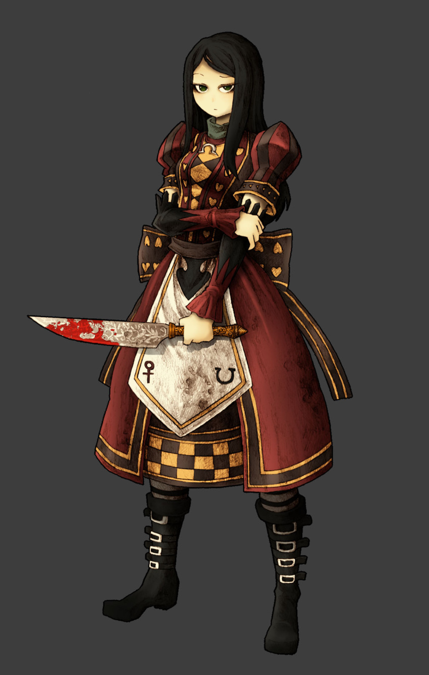1girl, alice:_madness_returns, alice_(wonderland), alice_in_wonderland, american_mcgee's_alice, apron, black_hair, blood, bolt0002, closed_mouth, dress, gloves, green_eyes, highres, jupiter_symbol, knife, long_hair, looking_at_viewer, pantyhose, simple_background, solo, striped, striped_legwear, weapon