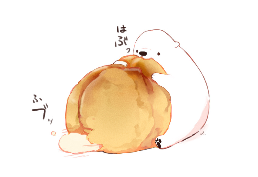 bear, chai, commentary_request, dumpling, eating, food, highres, holding, holding_food, leaking, no_humans, original, polar_bear, shumai_(food), signature, sitting, translation_request, undersized_animal, white_background