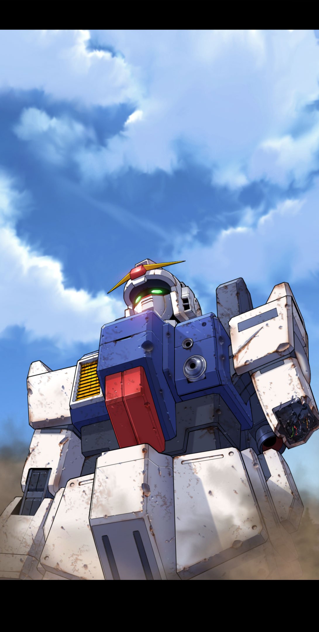 damaged, from_below, g.yamamoto, green_eyes, ground_gundam, gundam, gundam_08th_ms_team, highres