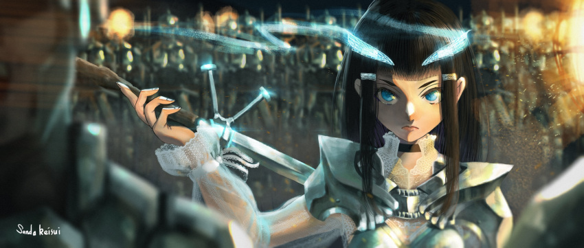1girl, 6+boys, armor, blue_eyes, blurry, breastplate, choker, cinders