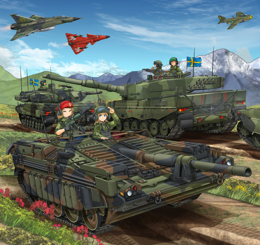 2girls, adjusting_goggles, aircraft, airplane, ak_5, aqua_eyes, assault_rifle, beret