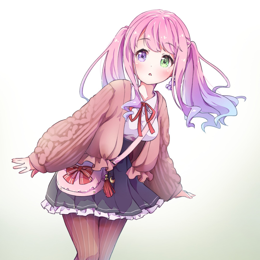 1girl, alternate_costume, aran_sweater, bag, blue_hair, bow, breasts, brown_legwear, cable_knit, candy_earrings, cardigan, casual, cowboy_shot, frilled_cardigan, frilled_sweater, gradient_hair, green_background, green_eyes, handbag, heterochromia, highres, himemori_luna, hololive, leaning_forward, looking_at_viewer, medium_breasts, meru_corone, multicolored_hair, open_cardigan, open_clothes, pantyhose, parted_lips, pink_hair, red_bow, red_tassel, shirt, simple_background, solo, striped, striped_legwear, sweater, tassel, twintails, vertical-striped_legwear, vertical_stripes, violet_eyes, wavy_ends, white_background, white_shirt