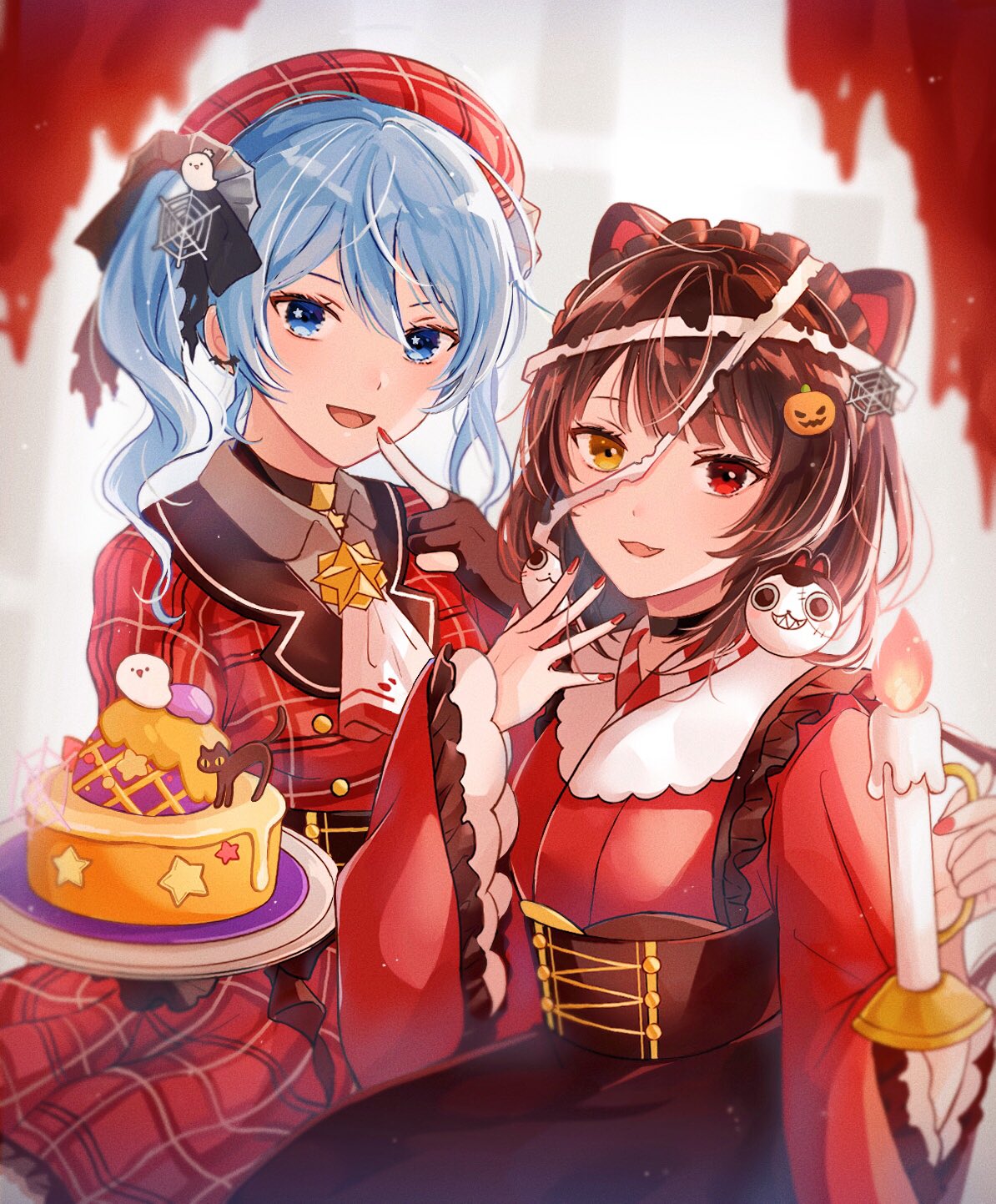 2girls, :3, alternate_costume, animal_ears, ascot, bandages, beret, black_cat, black_choker, blood, bloody_bandages, blue_eyes, blue_hair, brown_eyes, brown_gloves, brown_hair, bustier, cake, candle, candlestick, cat, cat_hair_ornament, choker, corset, dog_ears, dog_girl, double-breasted, dress, fang, finger_to_mouth, fingers_to_mouth, food, food_themed_hair_ornament, ghost_hair_ornament, gloves, hair_ornament, halloween, hat, heterochromia, highres, holding, holding_candle, holding_plate, hololive, hoshimachi_suisei, icing, inui_toko, japanese_clothes, kimono, looking_at_viewer, loose_bandages, maid_headdress, multiple_girls, nail_polish, nijisanji, obi, open_mouth, partially_fingerless_gloves, pendant_choker, plaid, plaid_dress, plate, ponigiri12, pumpkin_hair_ornament, red_dress, red_eyes, red_kimono, red_nails, sash, scrunchie, side_ponytail, sitting, spider_web_hair_ornament, star_(symbol), star_in_eye, star_pendant, symbol_in_eye, torn_curtains, tsurime, wavy_hair, wide_sleeves