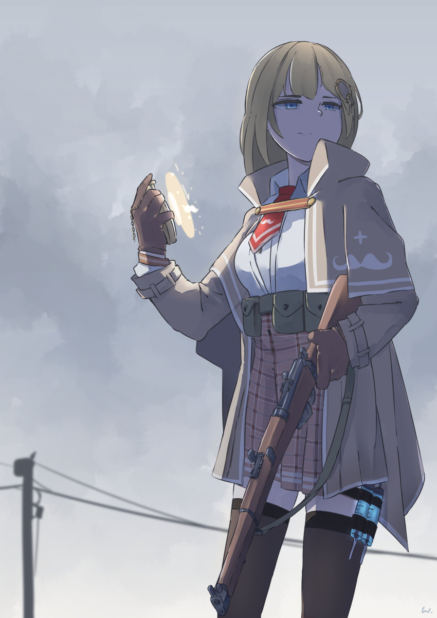 1girl, absurdres, belt, belt_pouch, blonde_hair, blue_eyes, breasts, brown_gloves