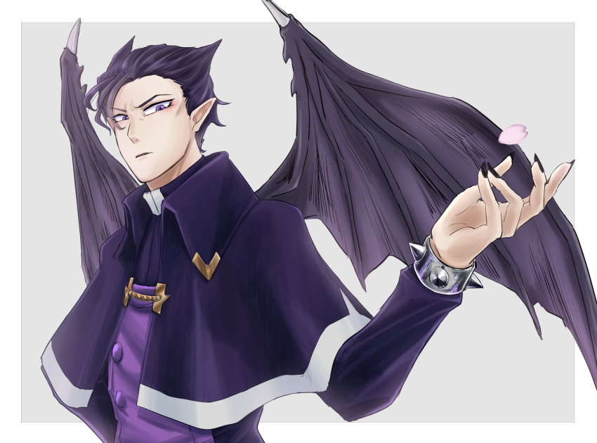 1boy, black_nails, bracelet, capelet, demon_wings, grey_background, highres, jewelry