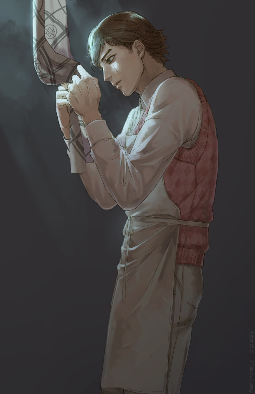 1boy, apron, argyle_vest, artist_name, brown_hair, edogai_yasaku, facial_scar, golden_kamuy