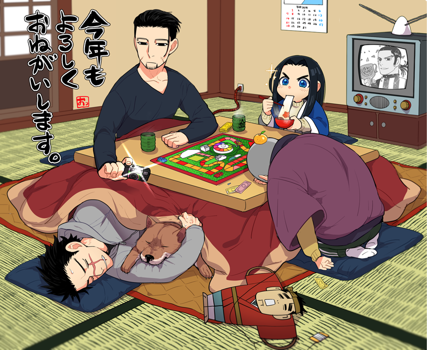 animal, asirpa, biting, black_hair, black_shirt, blue_eyes, board_game, bowl, calendar_(object), camera, chopsticks, closed_eyes, contemporary, cup, cushion, dog, door, eating, facial_scar, food, fruit, full_body, golden_kamuy, green_pants, grey_jacket, hair_slicked_back, hair_strand, haori, henmi_kazuo, holding, holding_bowl, holding_camera, holding_chopsticks, hood, hood_down, indoors, jacket, japanese_clothes, kiroranke, kotatsu, leaning_forward, long_hair, long_sleeves, looking_at_another, low_ponytail, lying, mandarin_orange, ogata_hyakunosuke, on_side, onnomono, pants, ryu_(golden_kamuy), scar, scar_on_cheek, shiraishi_yoshitake, shirt, short_hair, sleeping, smile, socks, sugimoto_saichi, sweatdrop, sweater, table, taking_picture, television, translation_request, trophy, turtleneck, turtleneck_sweater, v-neck, white_sweater, yellow_sweater