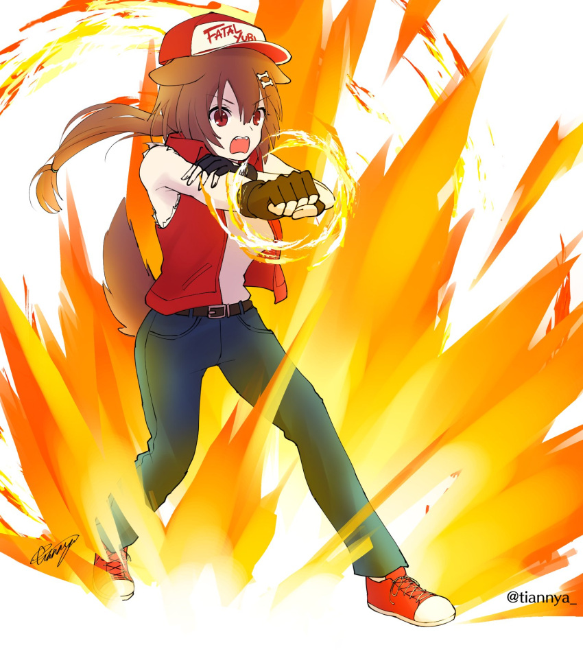 1girl, animal_ears, attack, belt, brown_eyes, brown_hair, cosplay, denim