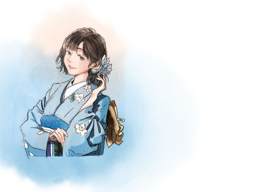 1girl, black_hair, blue_kimono, brown_eyes, cu_al, floral_print, flower, hair_flower