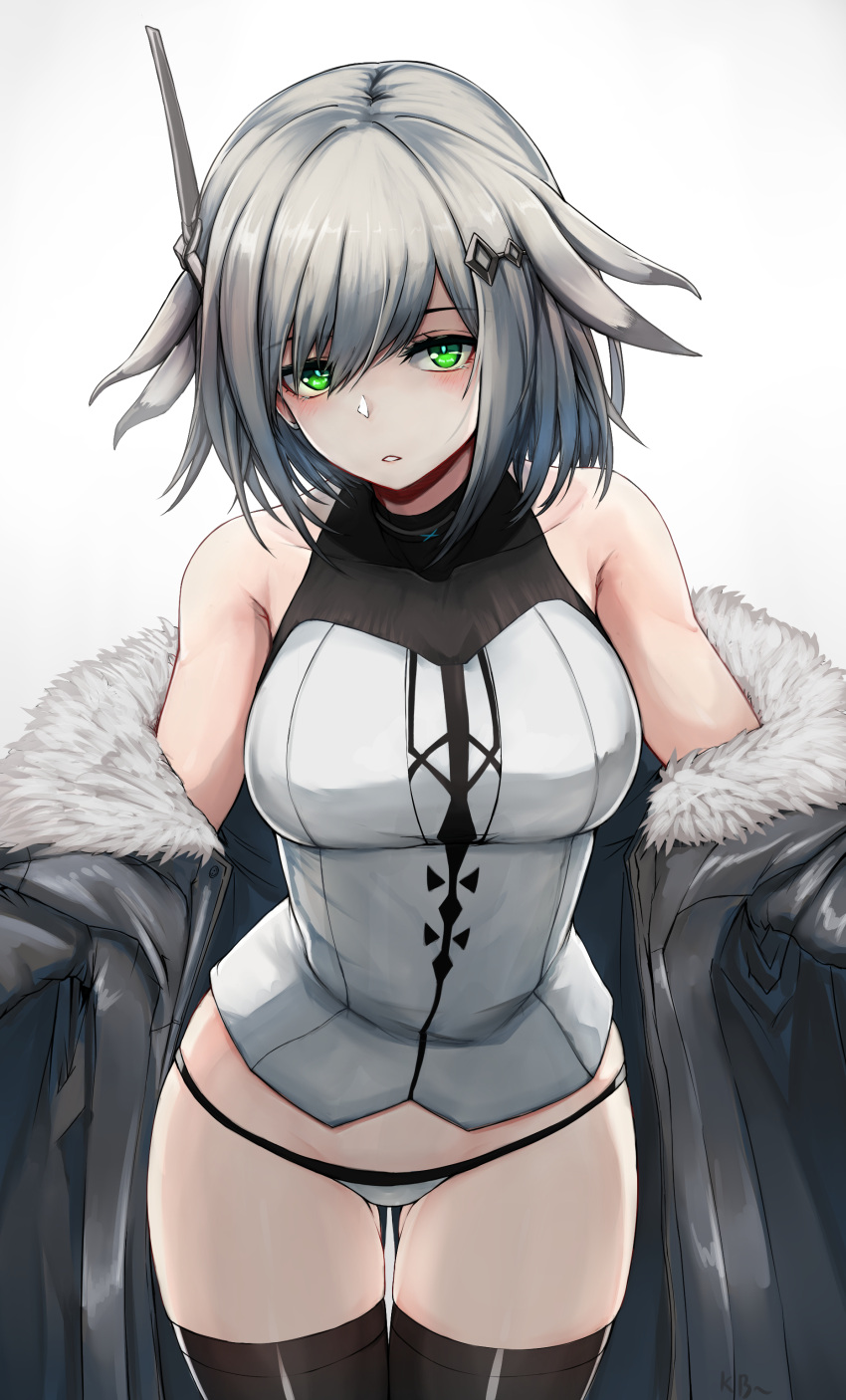 1girl, absurdres, arknights, breasts, feather_hair, fur_trim, green_eyes, grey_hair