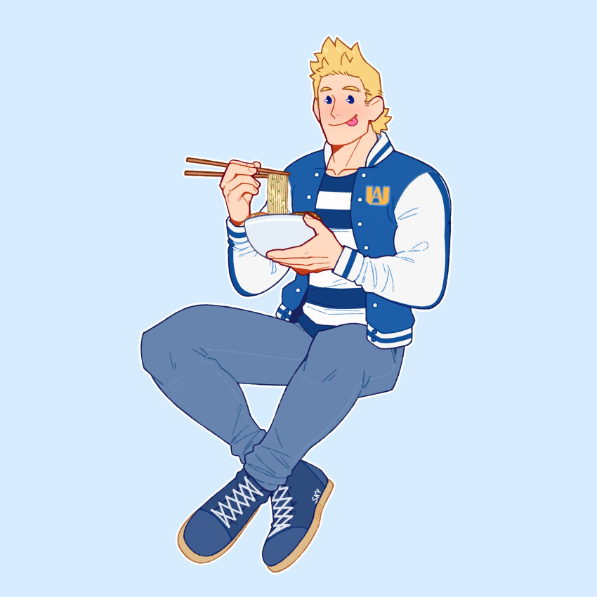 1boy, :p, bara, blonde_hair, blue_eyes, blue_jacket, boku_no_hero_academia, bowl