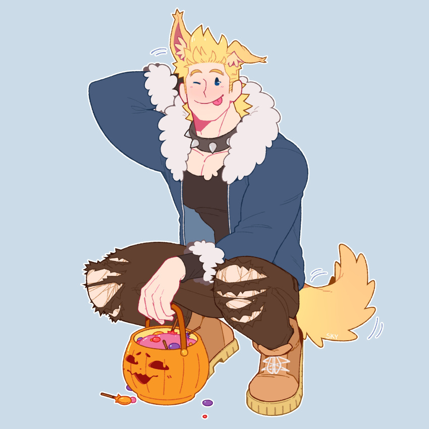 1boy, :p, ;p, absurdres, alternate_costume, animal_ears, bara, blonde_hair