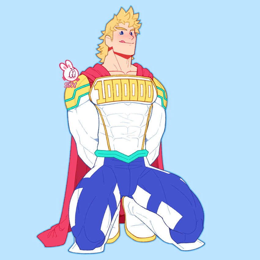1boy, absurdres, bara, blonde_hair, blue_eyes, blush, bodysuit, boku_no_hero_academia
