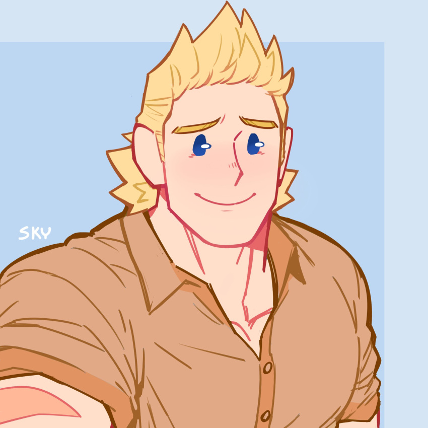 1boy, bara, blonde_hair, blue_eyes, blush, boku_no_hero_academia, brown_shirt, chest
