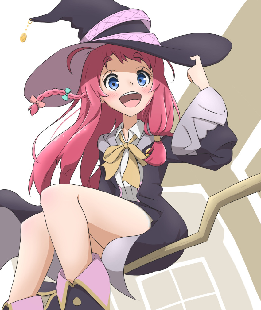 1girl, black_robe, blue_eyes, blush, brooch, broom, broom_riding, cosplay