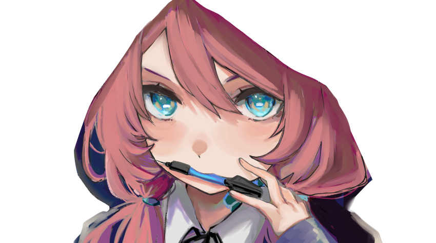 1girl, absurdres, arknights, blue_eyes, blue_poison_(arknights), blush, buttons, collared_shirt, commentary_request, hands_up, highres, holding, holding_dart, holding_weapon, hood, hood_up, hoodie, long_hair, looking_at_viewer, maria_(syake-uni), pink_hair, portrait, shirt, simple_background, solo, undershirt, weapon, white_background, white_shirt