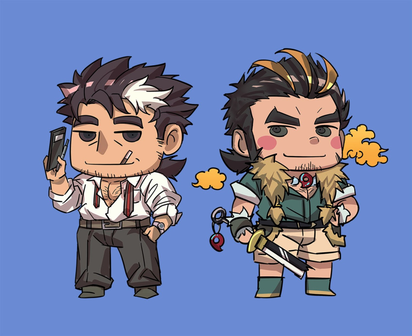 2boys, blonde_hair, brown_hair, chest_hair, chibi, cigarette, closed_eyes, facial_hair
