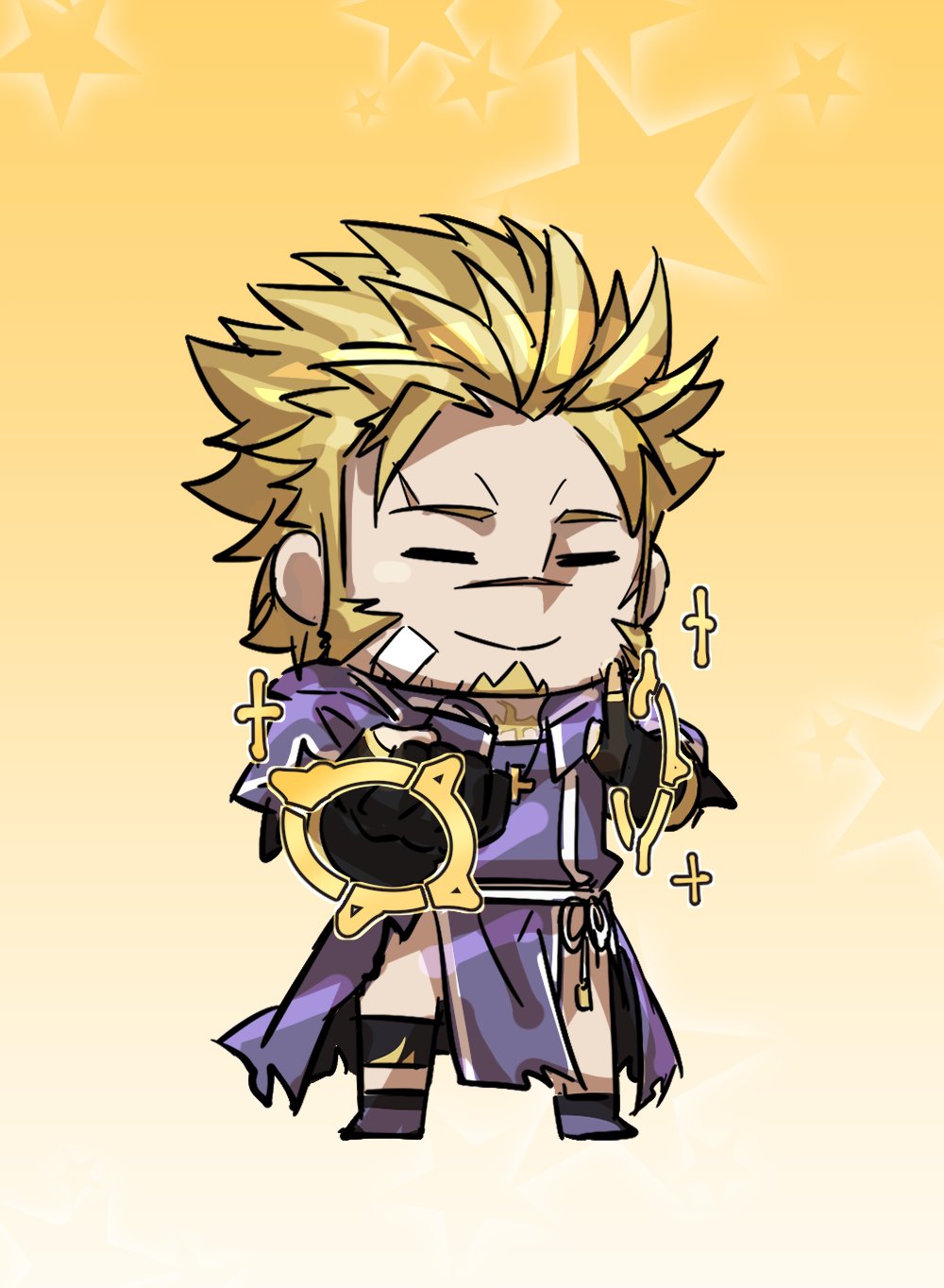 1boy, blonde_hair, chibi, closed_eyes, facial_hair, fate/grand_order, fate_(series), fingerless_gloves