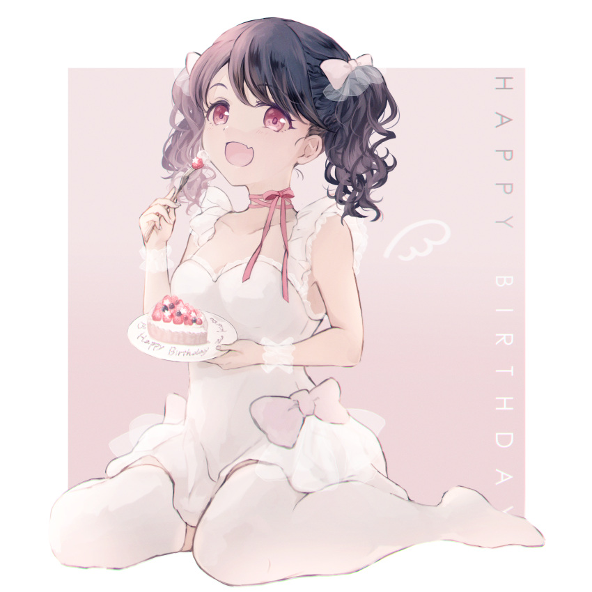 1girl, absurdres, bangs, bare_shoulders, black_hair, blush, cake, cake_slice