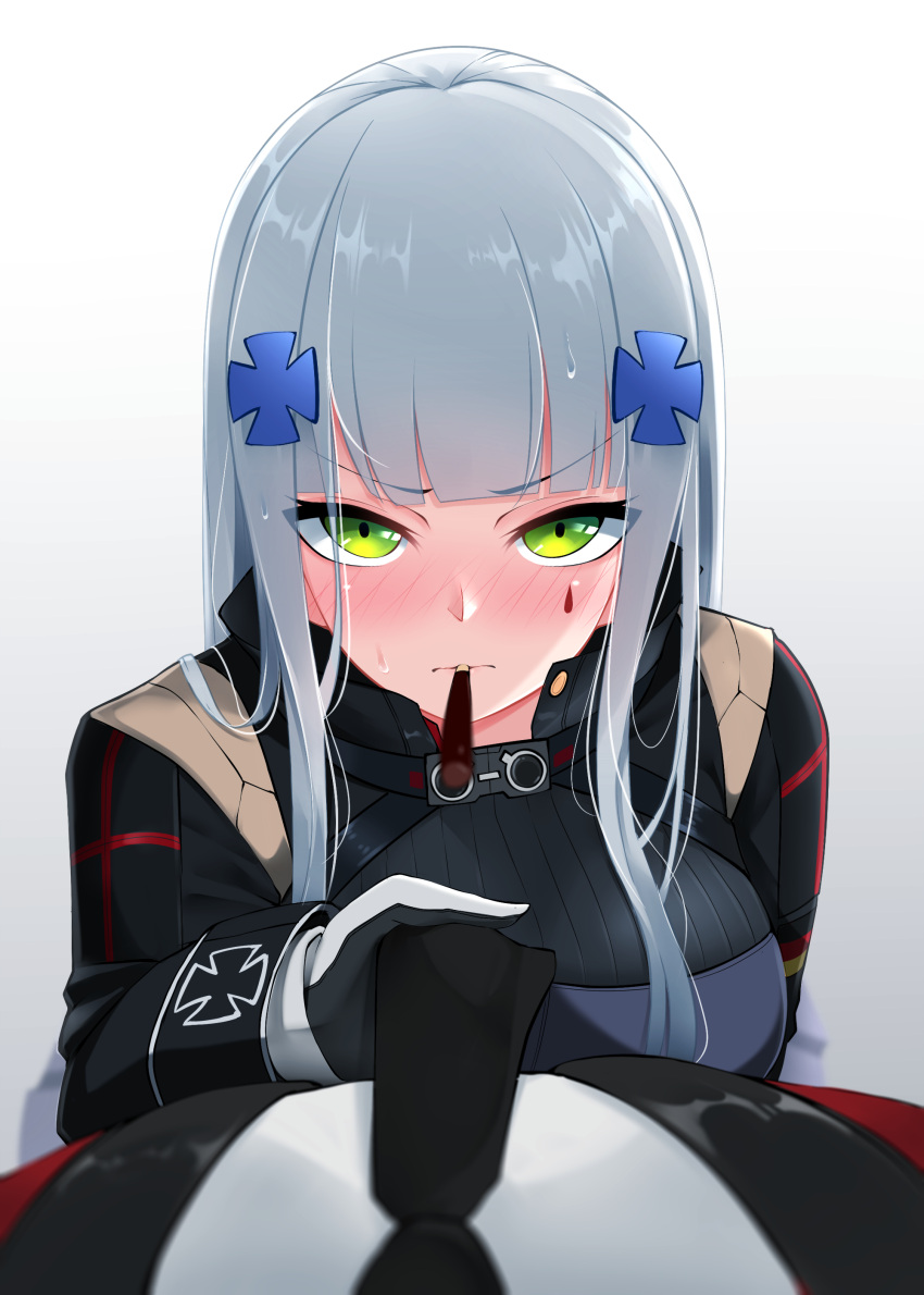 1girl, absurdres, bangs, blunt_bangs, blush, facial_mark, food, girls_frontline