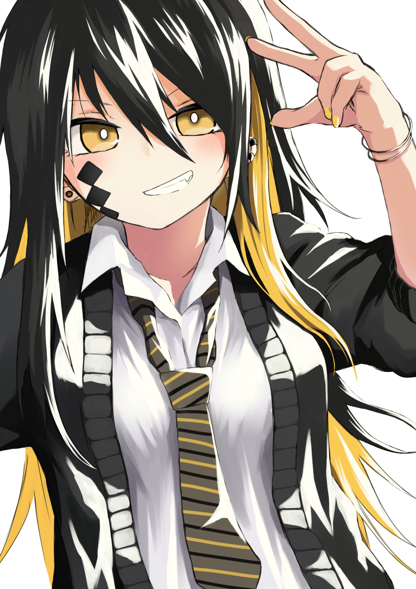 1girl, absurdres, arm_up, bangle, bangs, black_hair, black_jacket, blonde_hair, bracelet, breasts, collared_shirt, diagonal-striped_neckwear, diagonal_stripes, dress_shirt, earrings, eyebrows_visible_through_hair, fang, grin, hair_between_eyes, highres, huge_filesize, jacket, jewelry, kamatama, kuso_zako_choroin_nishiga_hachi, long_hair, long_sleeves, looking_at_viewer, multicolored_hair, nail_polish, necktie, nishiga_hachi, open_clothes, open_jacket, shirt, simple_background, small_breasts, smile, solo, striped, striped_neckwear, stud_earrings, two-tone_hair, very_long_hair, w, white_background, white_shirt, yellow_eyes, yellow_nails