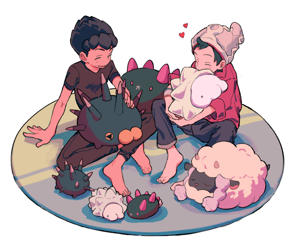 2boys, alternate_color, arm_support, barefoot, beanie, black_hair, blush, brown_pants