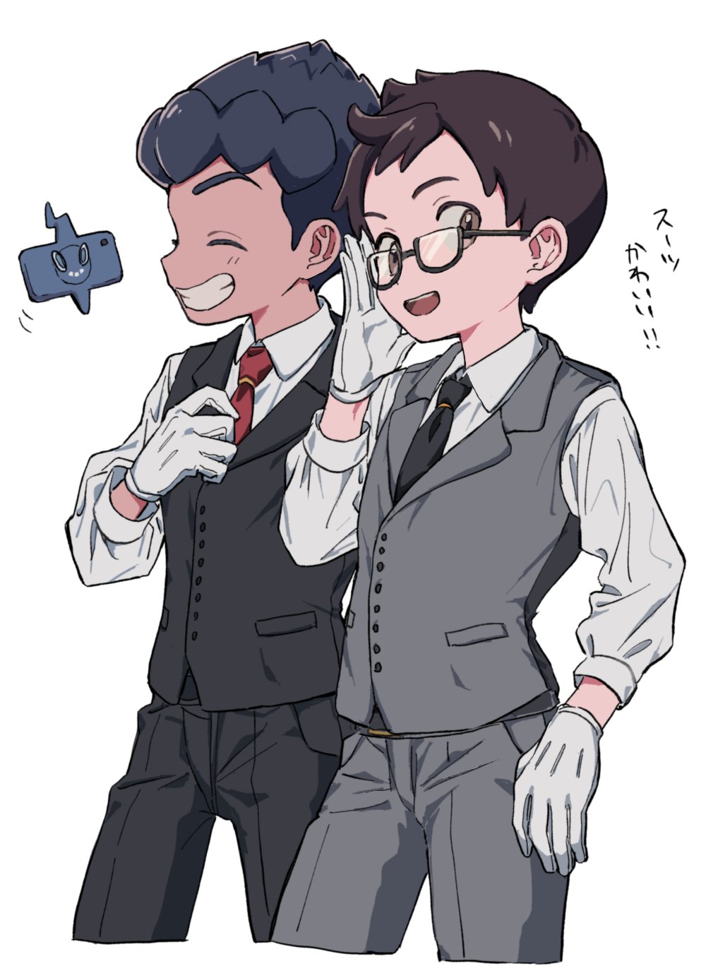 2boys, adjusting_eyewear, alternate_costume, bespectacled, black_hair, black_neckwear, black_pants, black_vest