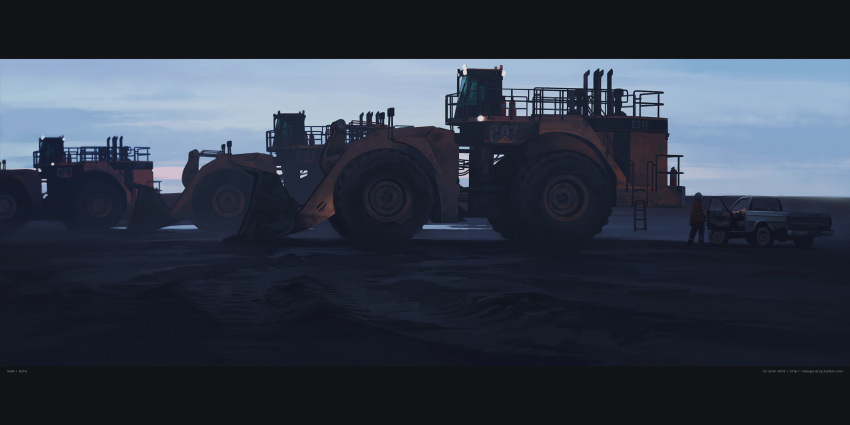 1boy, artist_name, astg, black_border, blurry, border, bulldozer, caterpillar_(company), construction, construction_site, construction_worker, dark, dusk, fire_extinguisher, ground_vehicle, helmet, highres, horizon, letterboxed, motor_vehicle, original, outdoors, sand, scenery, size_difference, sky, solo, truck, vest, watermark, web_address
