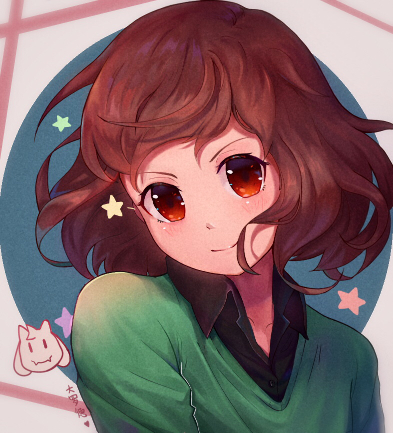 1other, androgynous, artist_name, asriel_dreemurr, black_shirt, bob_cut, brown_hair, chara_(undertale)