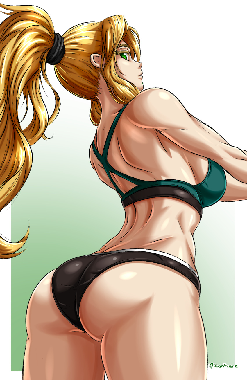 1girl, ass, bikini, black_bikini, black_scrunchie, blonde_hair, border, breasts