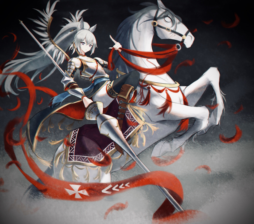 absurdres, animal_ears, arknights, armor, banner, boots, breastplate, english_commentary