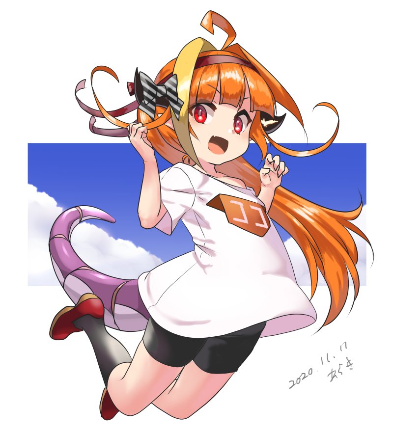 1girl, :d, ahoge, araki_(qbthgry), bangs, bike_shorts, black_legwear, bow