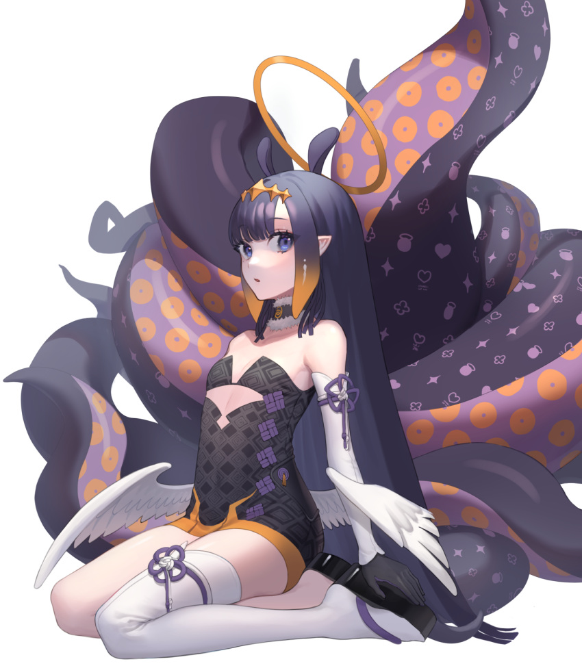 1girl, :o, bangs, bare_shoulders, black_dress, black_gloves, blue_eyes, blunt_bangs, choker, clover_print, collarbone, cutout_above_navel, detached_sleeves, diamond_(symbol), dress, feathered_wings, flat_chest, fur_trim, geta, gloves, halo, heart, heart_print, highlights, highres, hololive, hololive_english, long_hair, looking_at_viewer, multicolored_hair, ninomae_ina'nis, open_mouth, purple_hair, simple_background, single_thighhigh, sitting, tentacles, thigh-highs, virtual_youtuber, wariza, white_background, white_legwear, wings, wowk