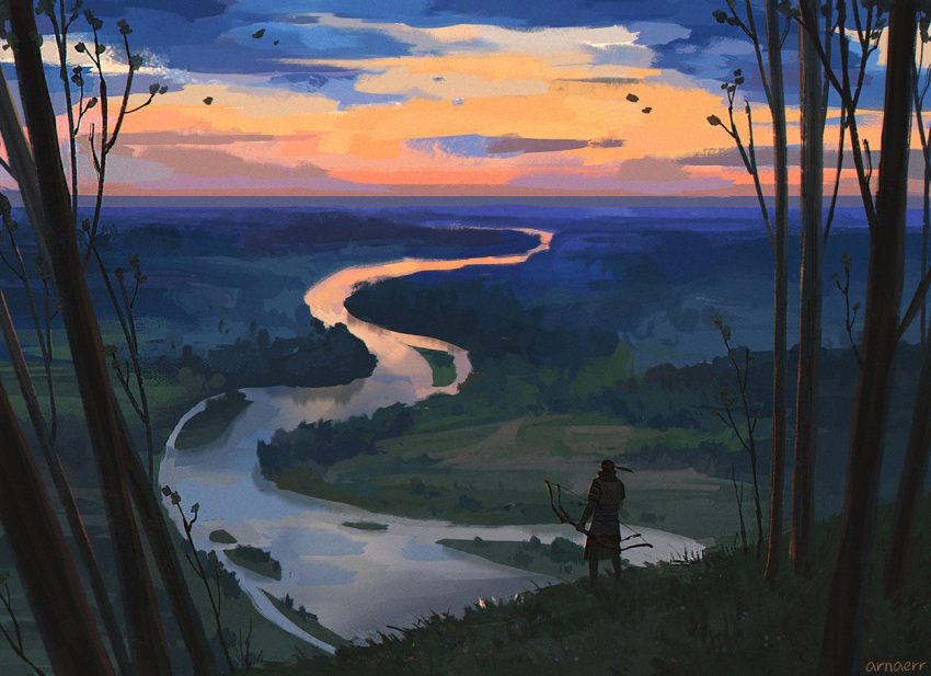 1boy, arnaerr, artist_name, bow_(weapon), clouds, cloudy_sky, commentary, dawn