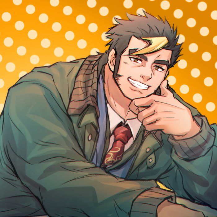 1boy, alternate_costume, alternate_hairstyle, blonde_hair, brown_hair, coat, finger_to_face, green_coat