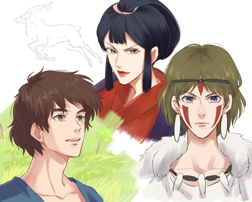 1boy, 2girls, animal, ashitaka, black_hair, brown_hair, earrings, eboshi