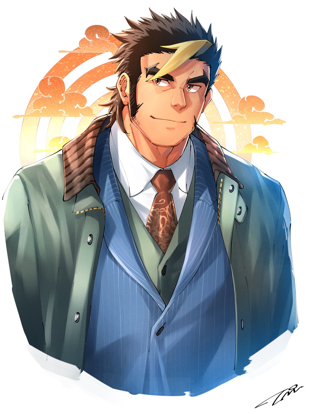 1boy, bara, black_hair, blush, coat, cropped_torso, facial_hair, formal