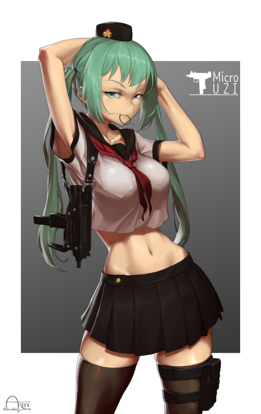 1girl, armpit_peek, arms_behind_head, aronman, bangs, black_headwear, black_legwear, black_sailor_collar