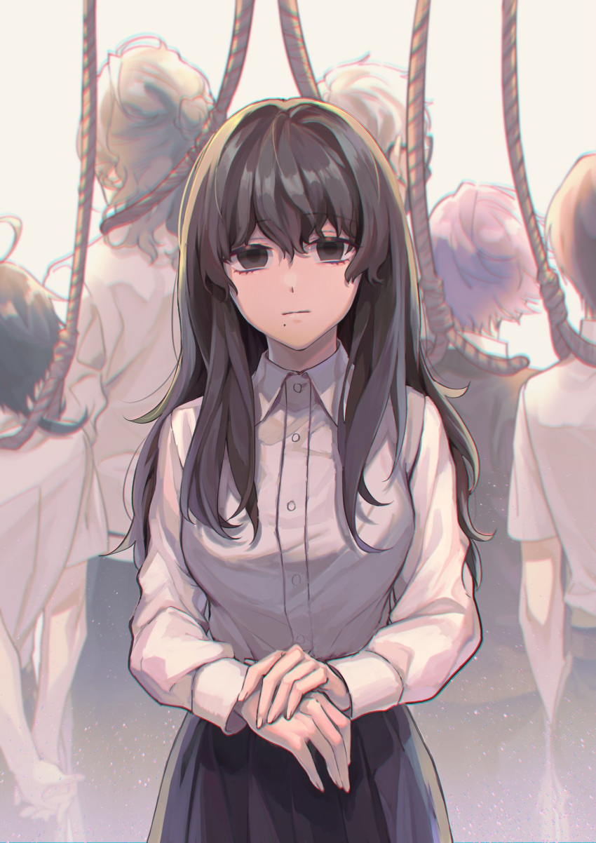 1girl, 5boys, bangs, black_skirt, brown_eyes, brown_hair, closed_mouth, club_suicide, commentary_request, cowboy_shot, dress_shirt, expressionless, frown, hands_together, highres, long_hair, long_sleeves, looking_at_viewer, multiple_boys, nanin, own_hands_together, pleated_skirt, rope, shirt, shirt_tucked_in, short_hair, skirt, solo_focus, white_background, white_shirt