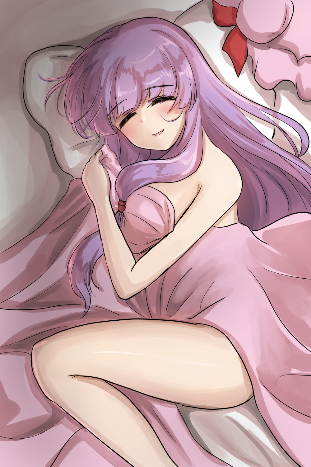 1girl, bed, blanket, hat, hat_removed, headwear_removed, highres, legs, messy_sleeper, mob_cap, namiki_(remiter00), object_hug, patchouli_knowledge, pink_blanket, purple_hair, sleeping, sleepwear, smile, solo, touhou